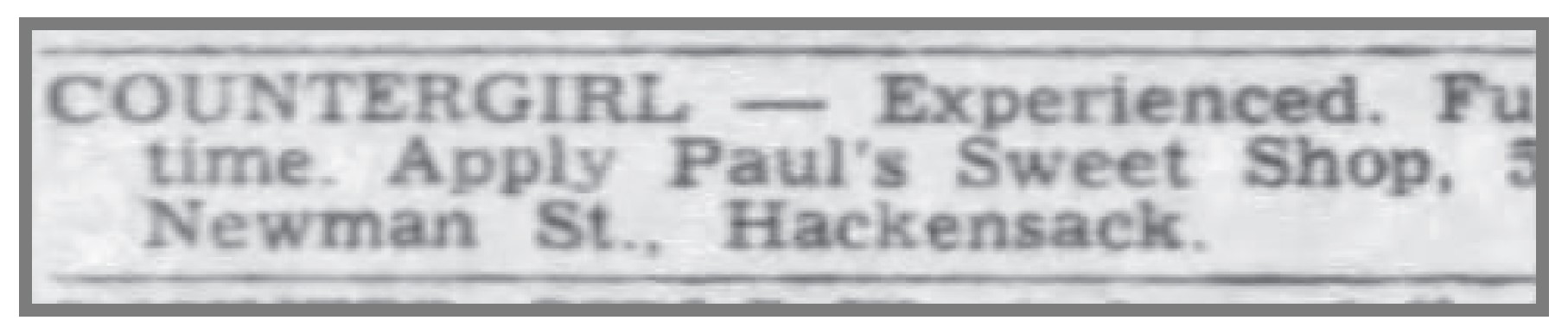 Help Needed Ad for Paul's Sweet Shop, 1952