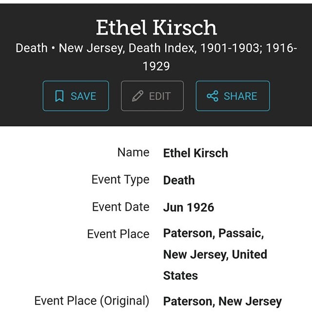 Ethel / Ida Death Record 1926
