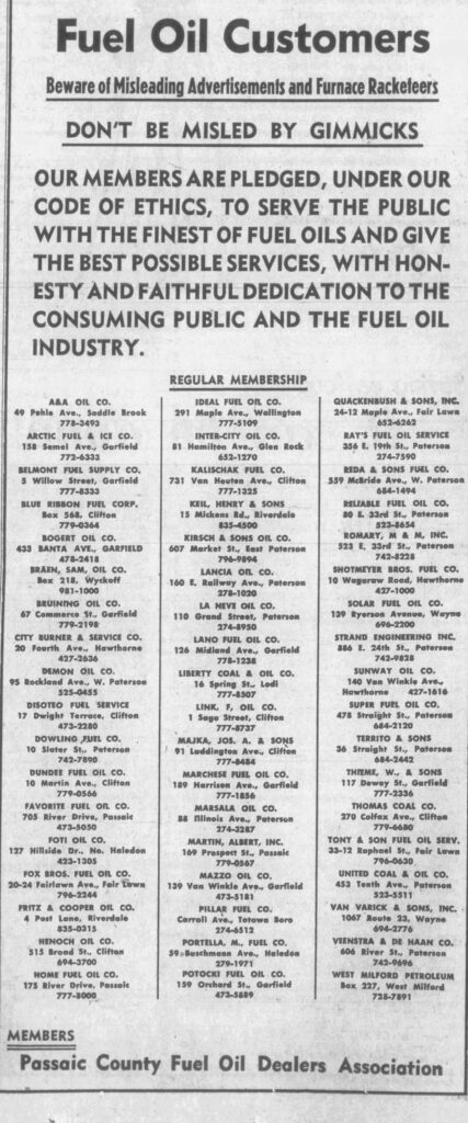 Passaic County Fuel Oil Dealers Association pledge to public in 1972