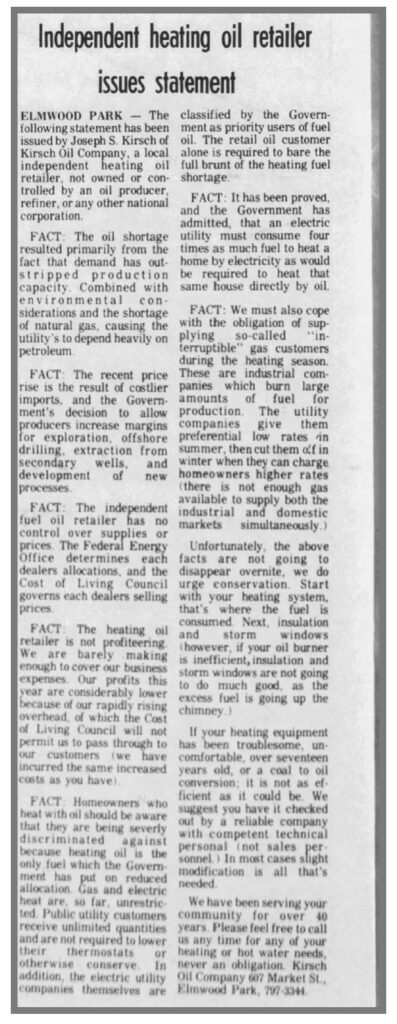 Joe Kirsch Issues Statement about oil business in 1974.