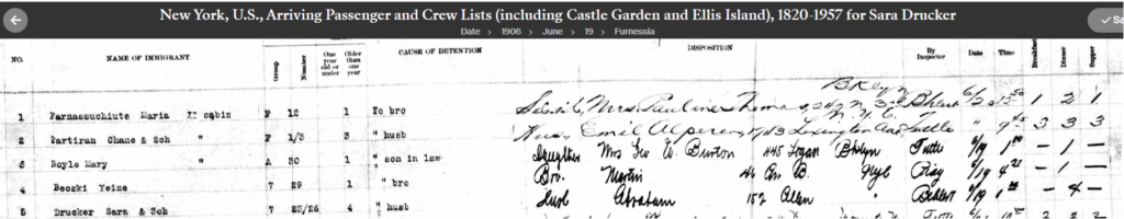 Sarah Drucker on detained passenger list, 1904